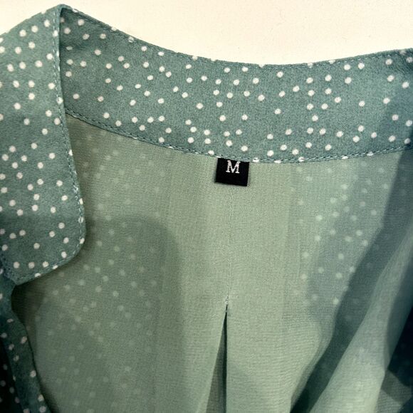 Sage Green Polka Dot Long Sleeve Ruffle Mini Dress Casual Flowy Swing Medium - Picture 4 of 10